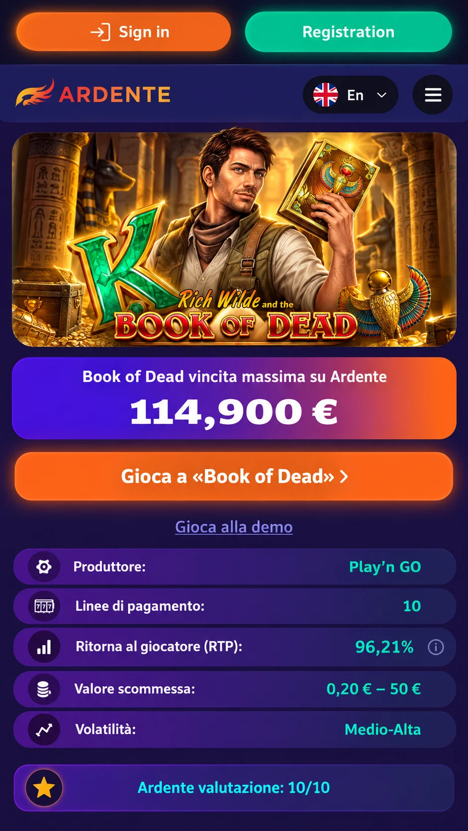 Anteprima della landing page affiliata di Ardente Casino